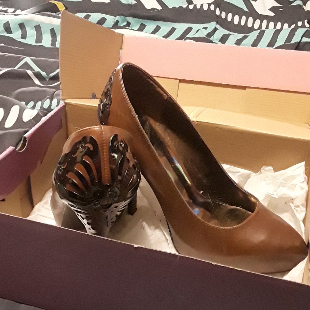 brown with bronze butterflies heels